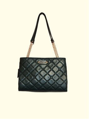 Guess Shoulder Bag Dark Green Gold Quilted Chain Double Handle